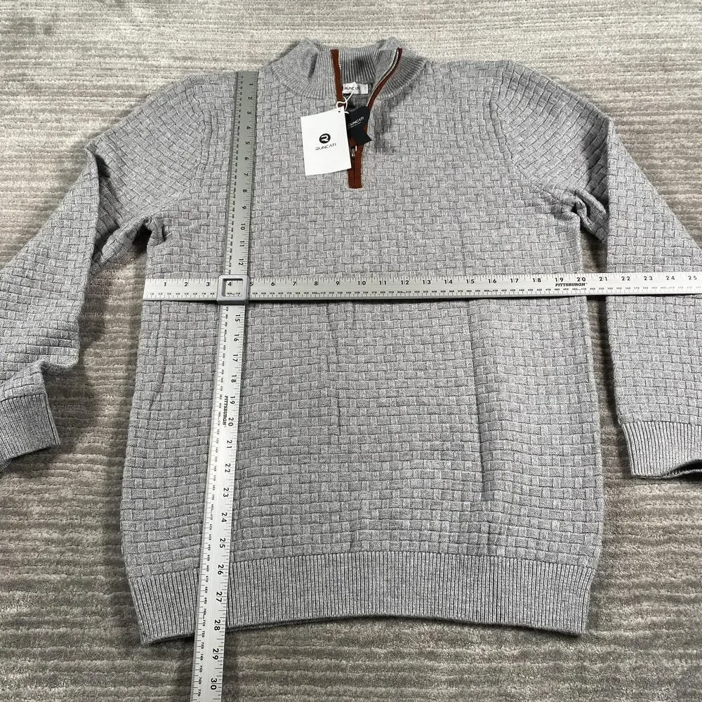 Runcati Sweater Mens Large Gray 1/4 Zip Mock Neck Waffle Knit Pullover Casual